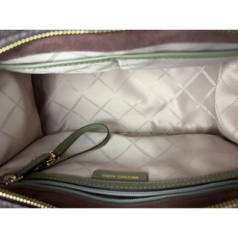 Michael Kors Nouveau Hamilton Large Satchel Bag Brown MK Logo Olive Green Trim